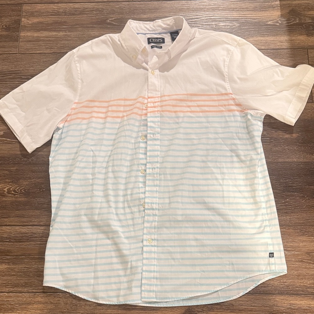 Chaps Men's Striped Short Sleeve Shirt - White with Blue and orange stripes XL